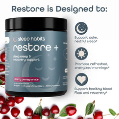Sleep Habits Restore powder dissolving in water shown for quick, gentle bedtime ritual.
