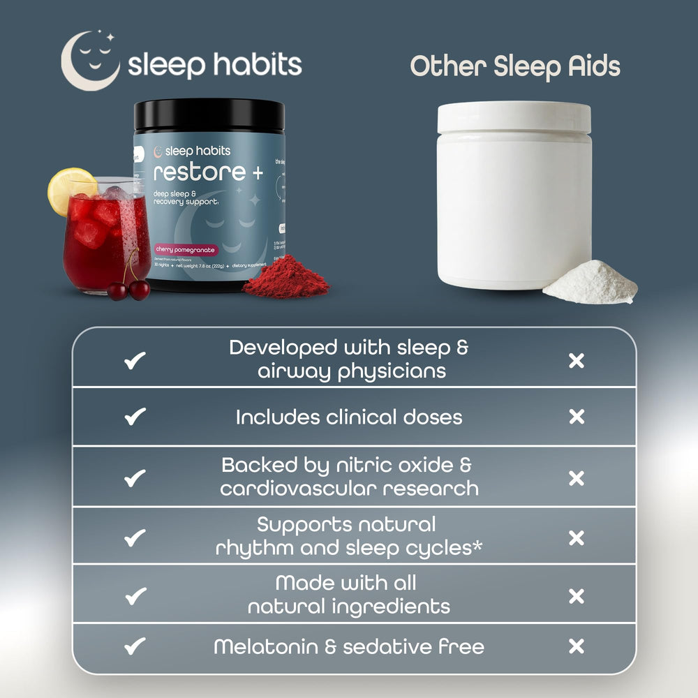Sleep Habits Restore stirred glass of pink drink ready for a calm night.
