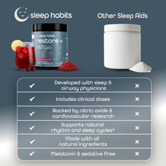 Sleep Habits Restore stirred glass of pink drink ready for a calm night.