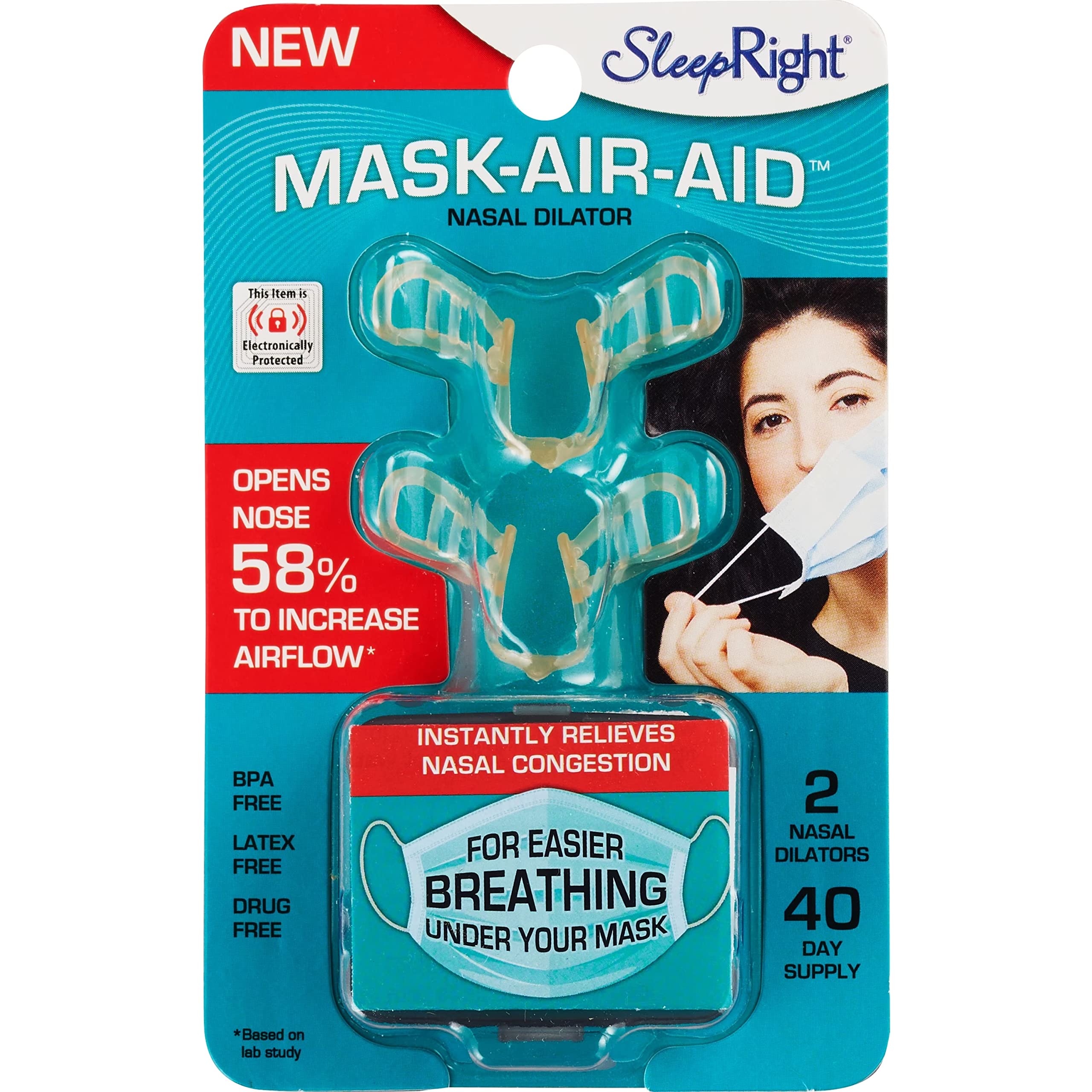 SleepRight Mask Air Aid Nasal Dilator inserted in nostrils improves airflow under a mask.
