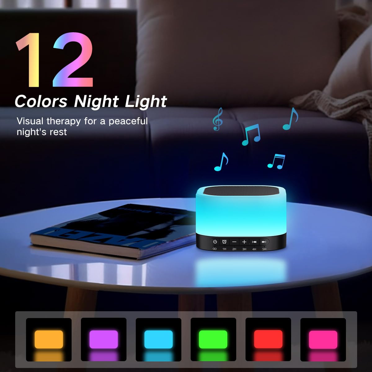 SleeZOO unit displaying 12 night-light colors for calming visuals.