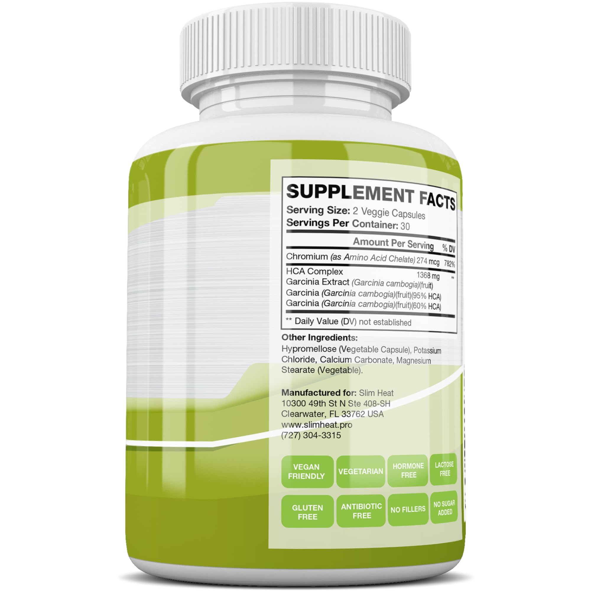 Slim Heat veggie capsules pack emphasizing gluten-free vegan formula for inclusive diets.