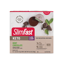 SlimFast Keto Fat Bomb Snack Cup Mint Chocolate packaging, keto-friendly snack on the go.