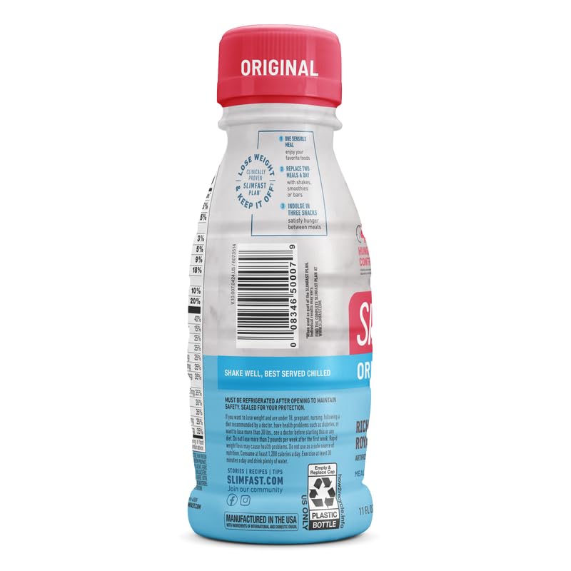 SlimFast Original Rich Chocolate Royale bottle on table ready for breakfast.