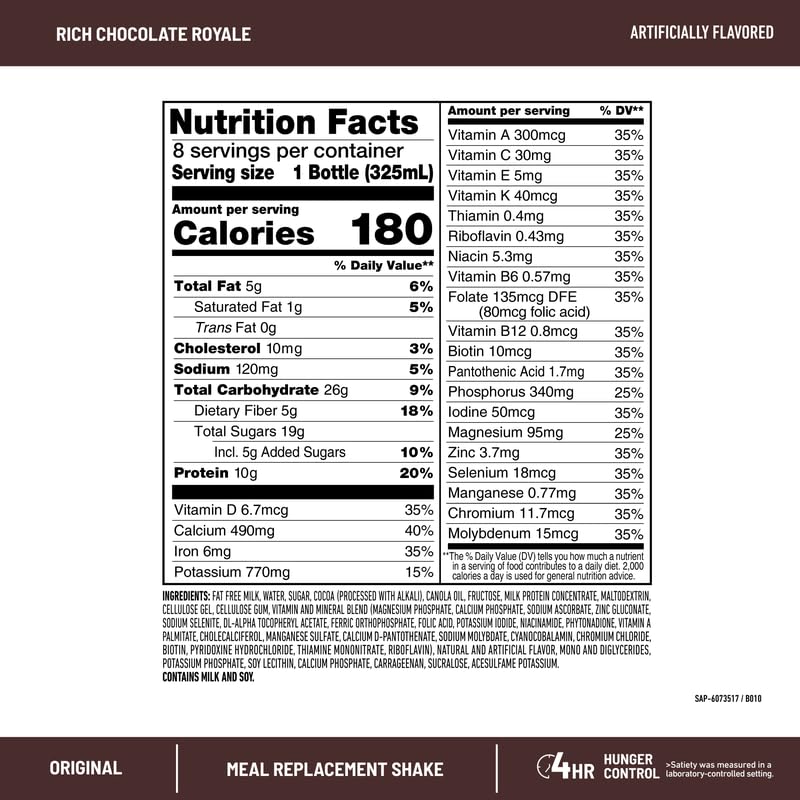 SlimFast Original Rich Chocolate Royale nutrition label highlights protein and fiber.