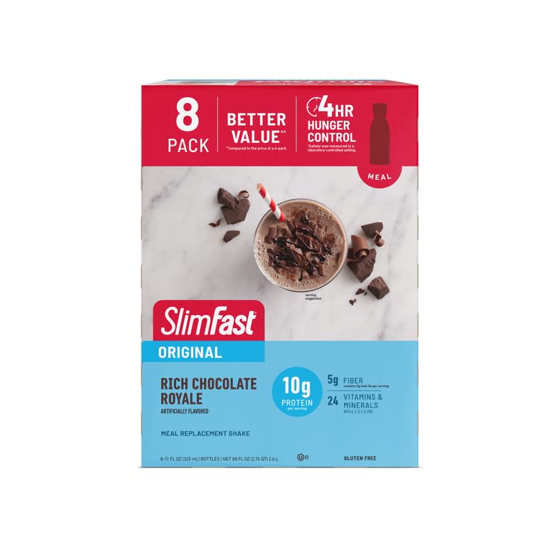 SlimFast Original Rich Chocolate Royale on-the-go packaging for travel.
