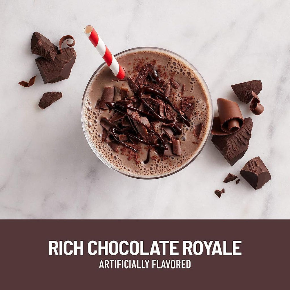 Pouring SlimFast Original Rich Chocolate Royale showing creamy texture.
