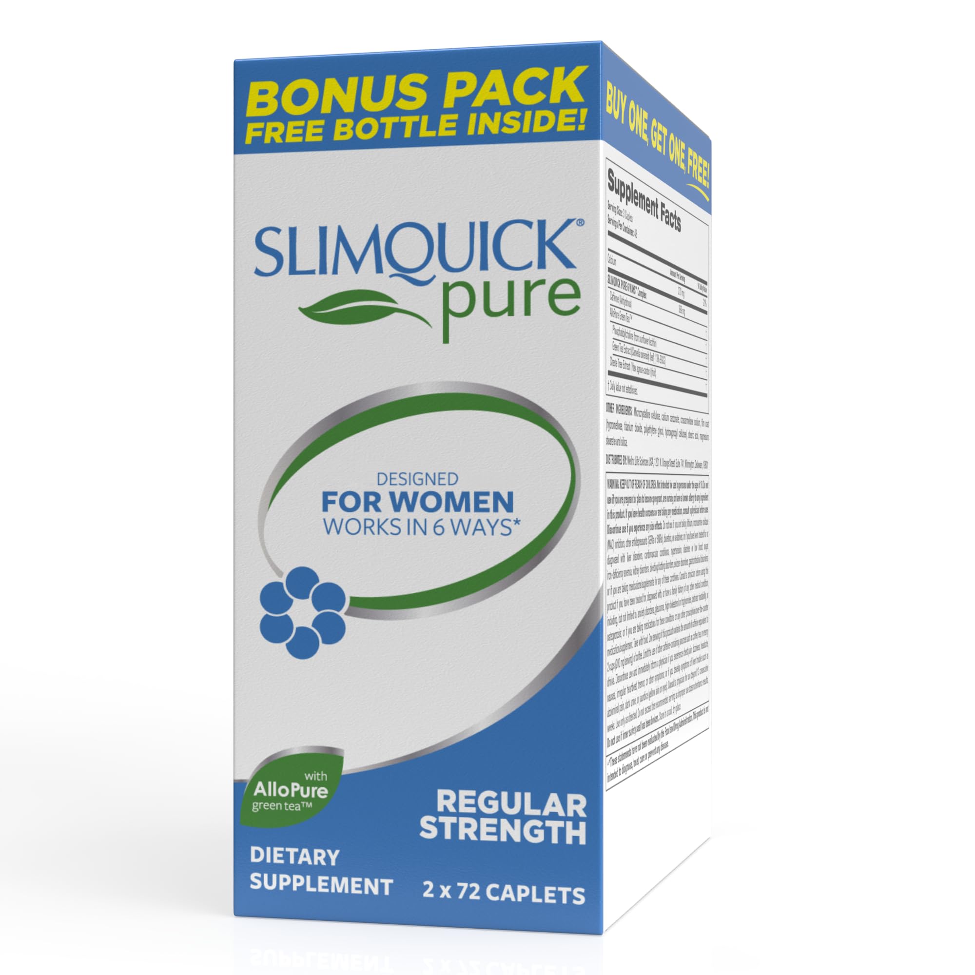 SlimQuick bottle close-up with pills showing the product packaging and pills ready to take.