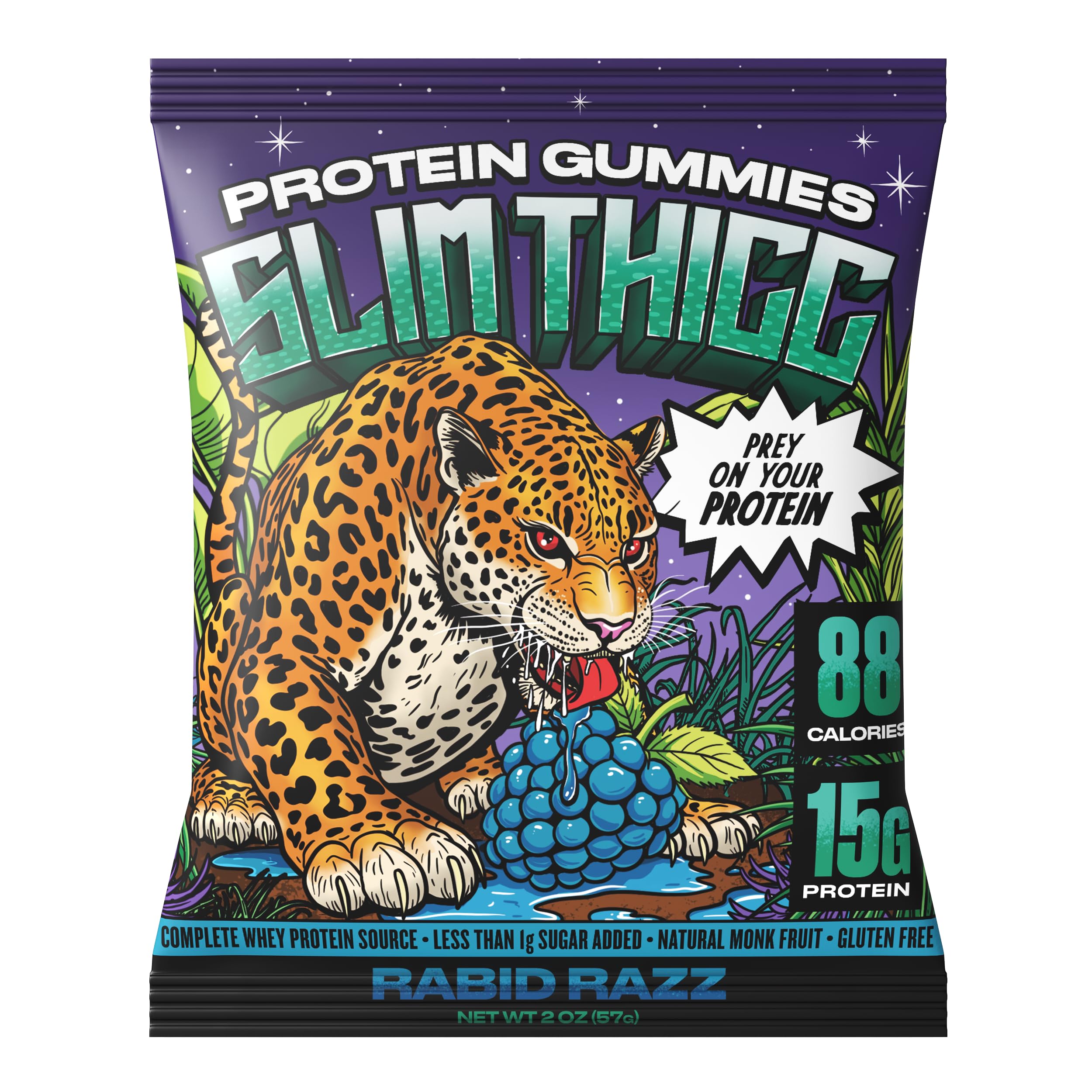 SlimThicc Rabid Razz protein gummies front-pack display for quick protein boost after workouts.