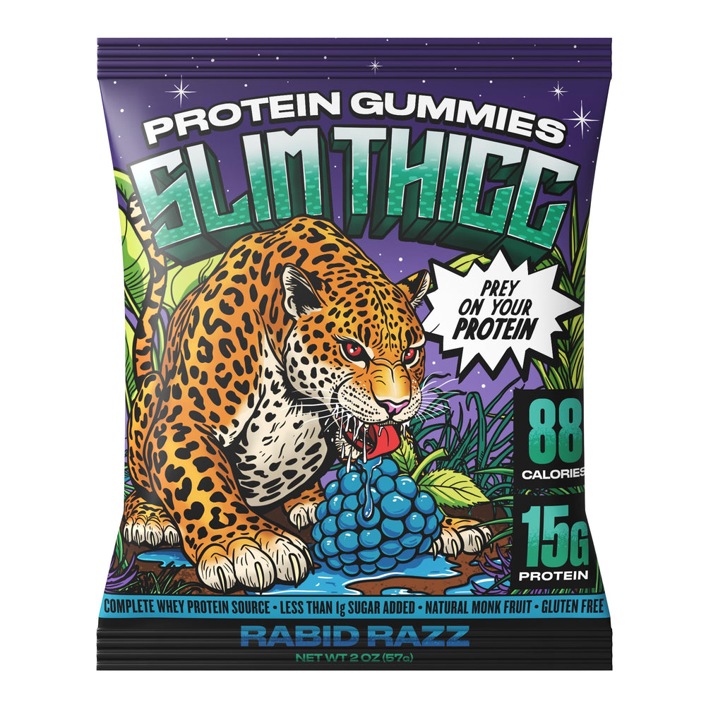 SlimThicc Rabid Razz protein gummies front-pack display for quick protein boost after workouts.