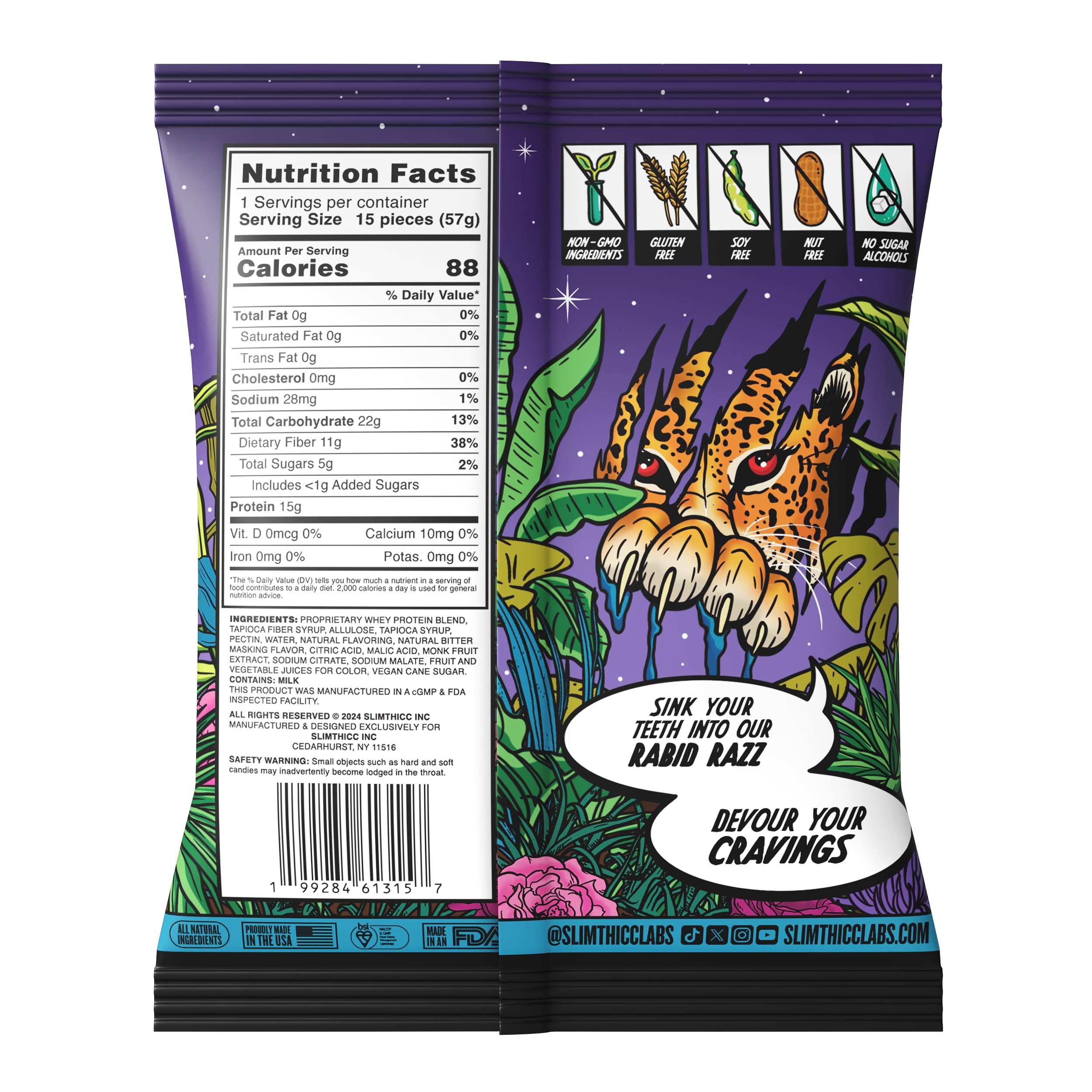 SlimThicc protein gummies open pack shows chewy texture and candy-like flavor for satisfying snacks.