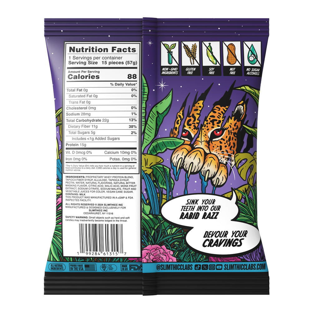 SlimThicc protein gummies open pack shows chewy texture and candy-like flavor for satisfying snacks.