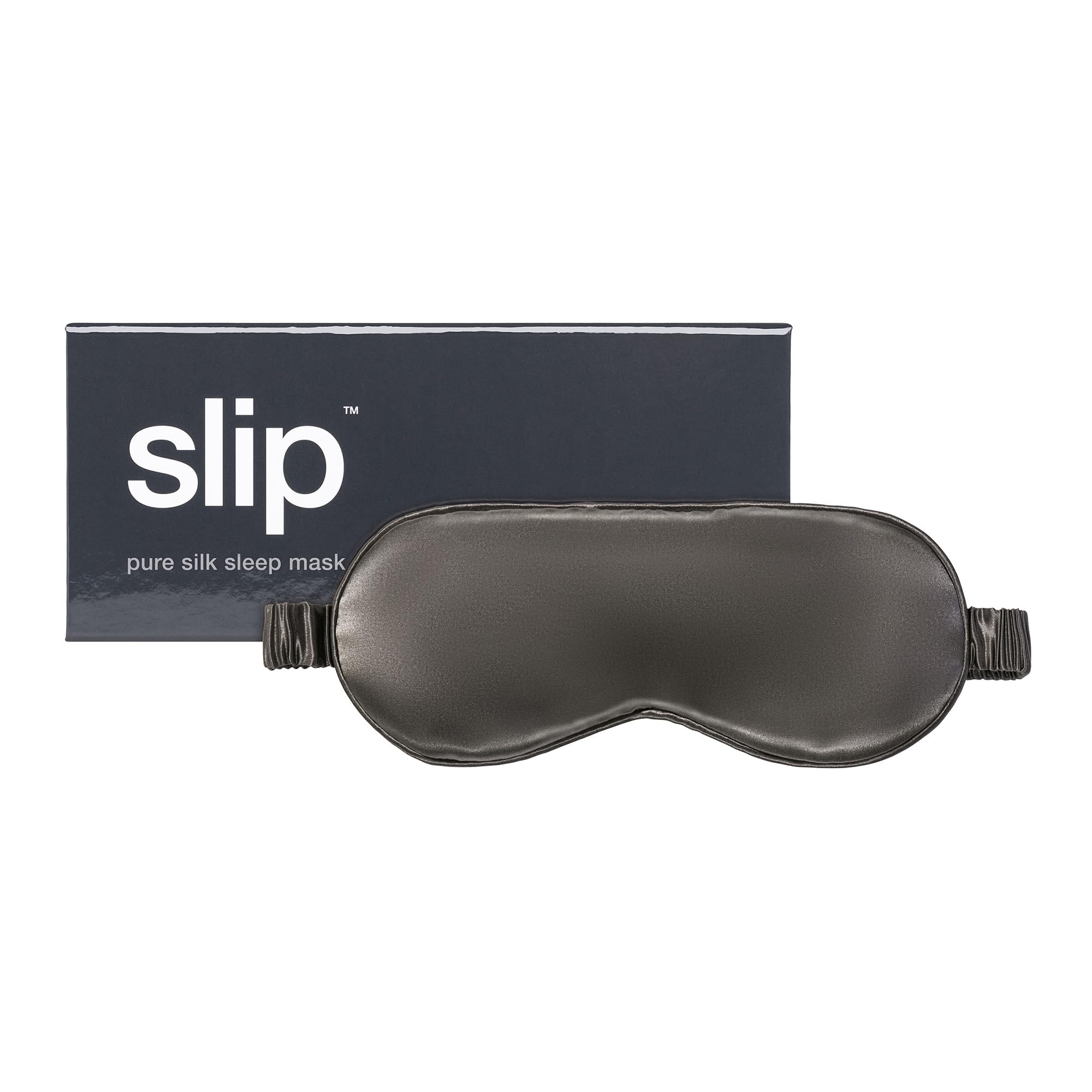 SLIP Pure Silk Sleep Mask Charcoal in box, premium comfort for restful nights.