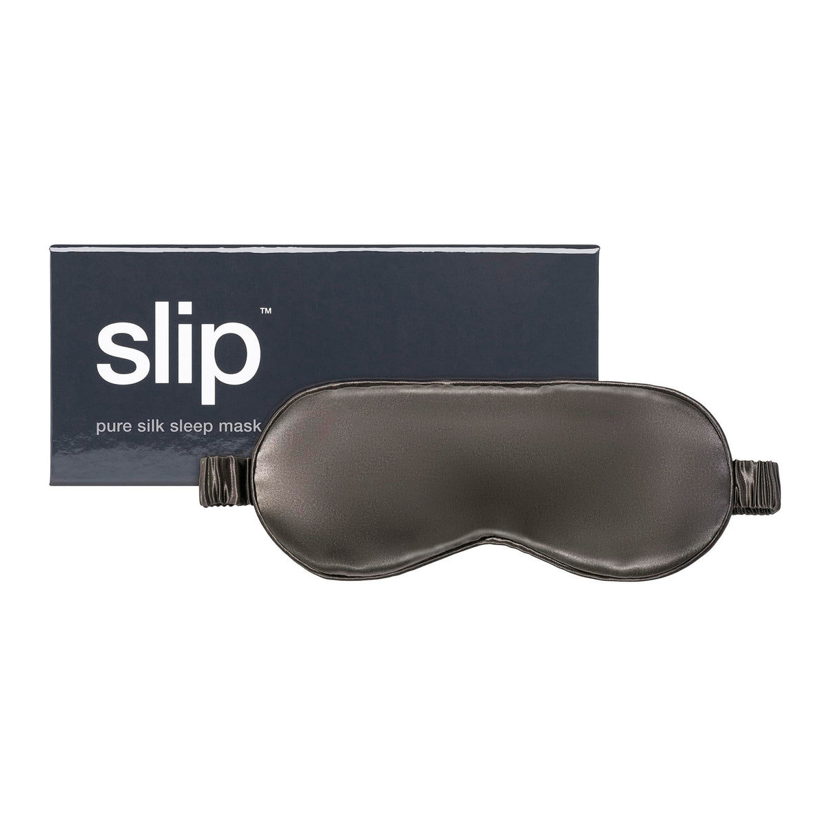 SLIP Pure Silk Sleep Mask Charcoal in box, premium comfort for restful nights.