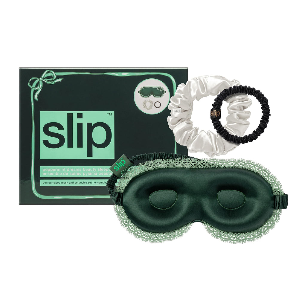 SLIP Peppermint Dreams sleep mask with lace close-up for light-blocking luxury.