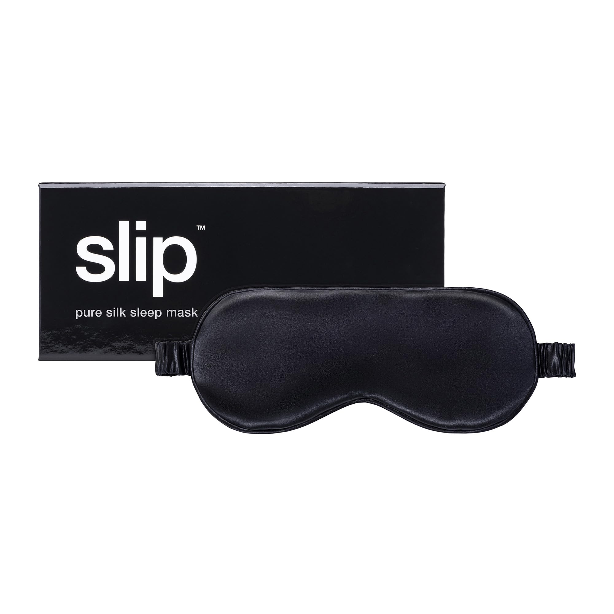 SLIP Pure Silk Sleep Mask in black, front view, blocks light for restful nights.