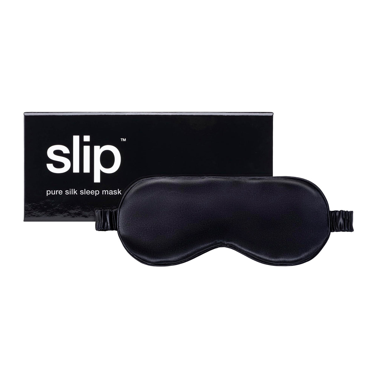 SLIP Pure Silk Sleep Mask in black, front view, blocks light for restful nights.