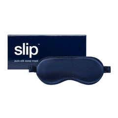SLIP Pure Silk Sleep Mask Navy close-up showing 22 momme silk softness.