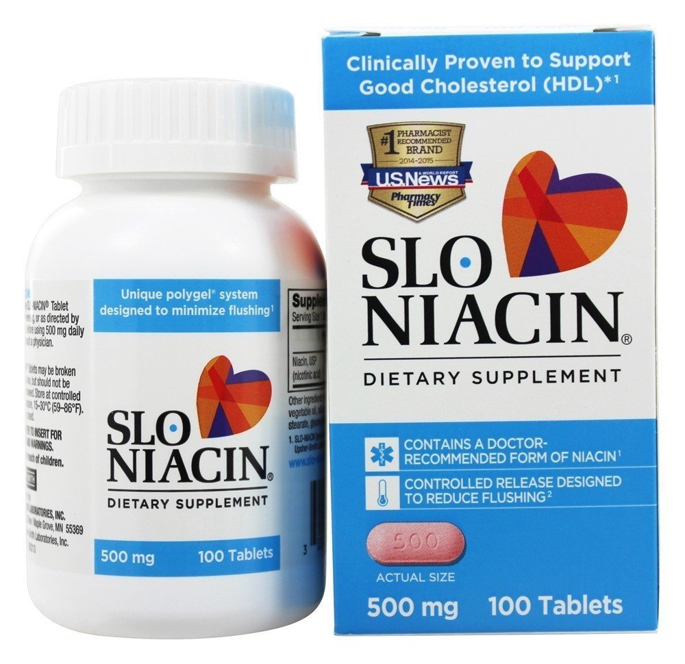 Slo-Niacin bottle front with capsules for daily vitamin B3 support.