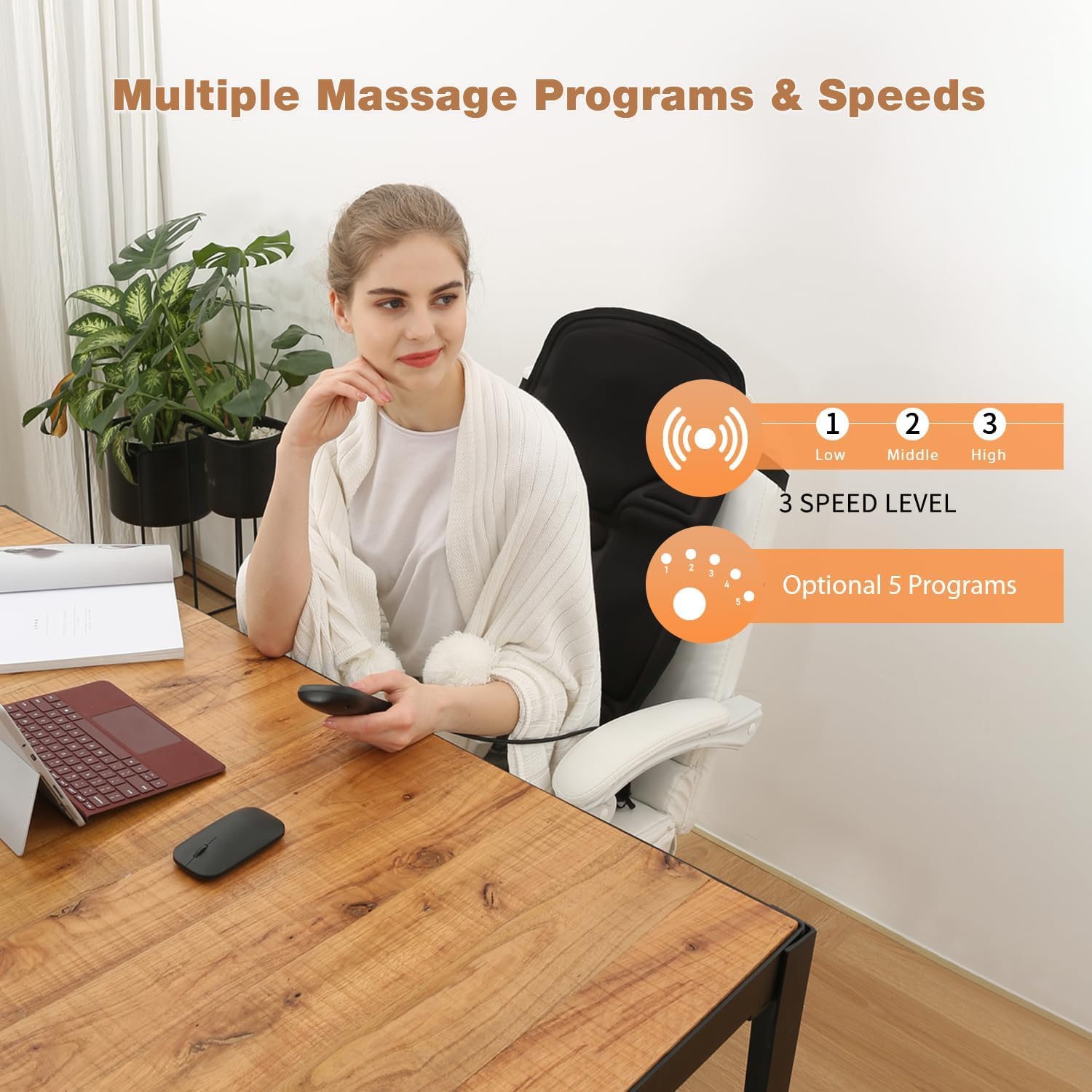 SLOTHMORE portable massager with straps securely attaching to any chair.