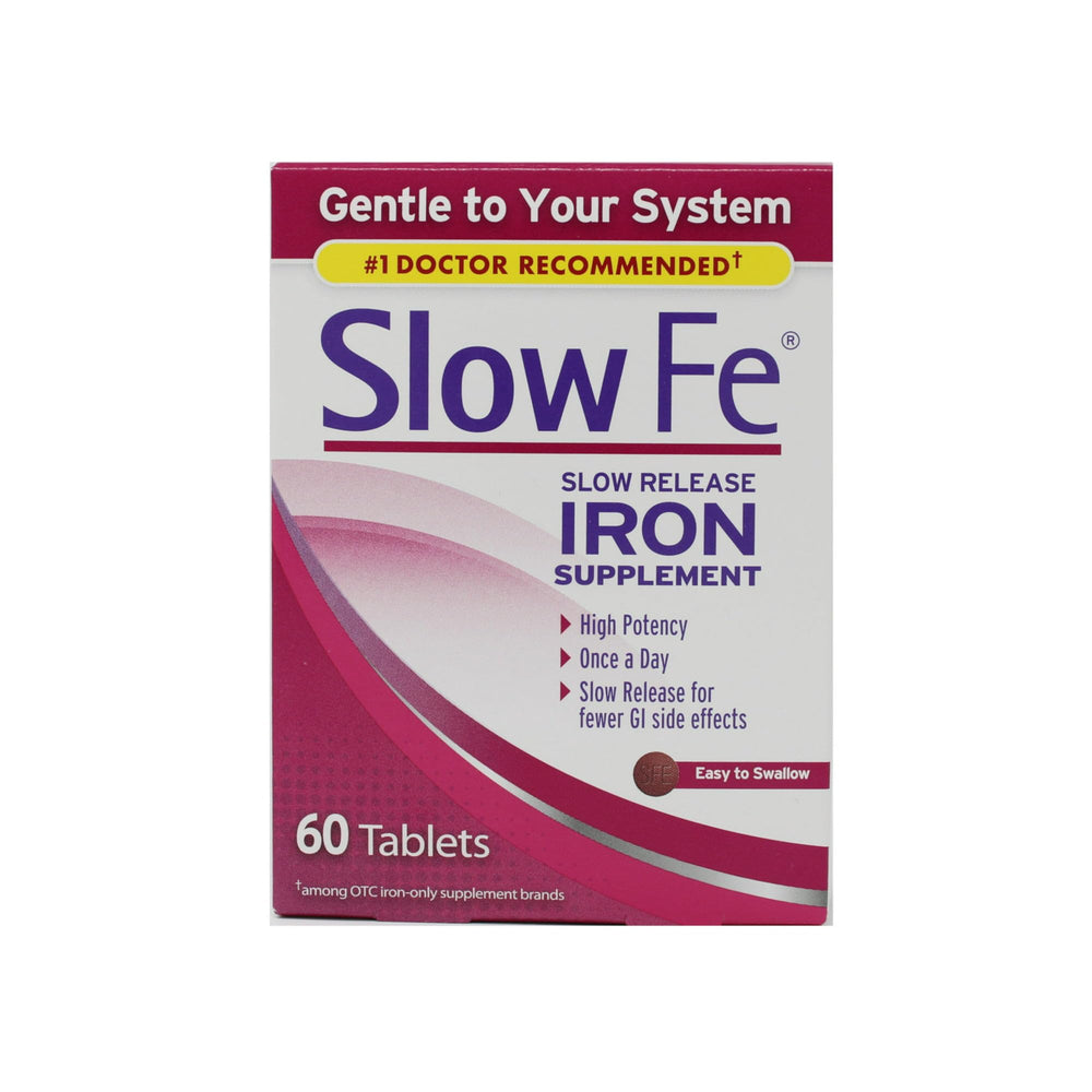 Slow Fe high potency iron bottle with easy-to-swallow slow-release tablets for daily support.