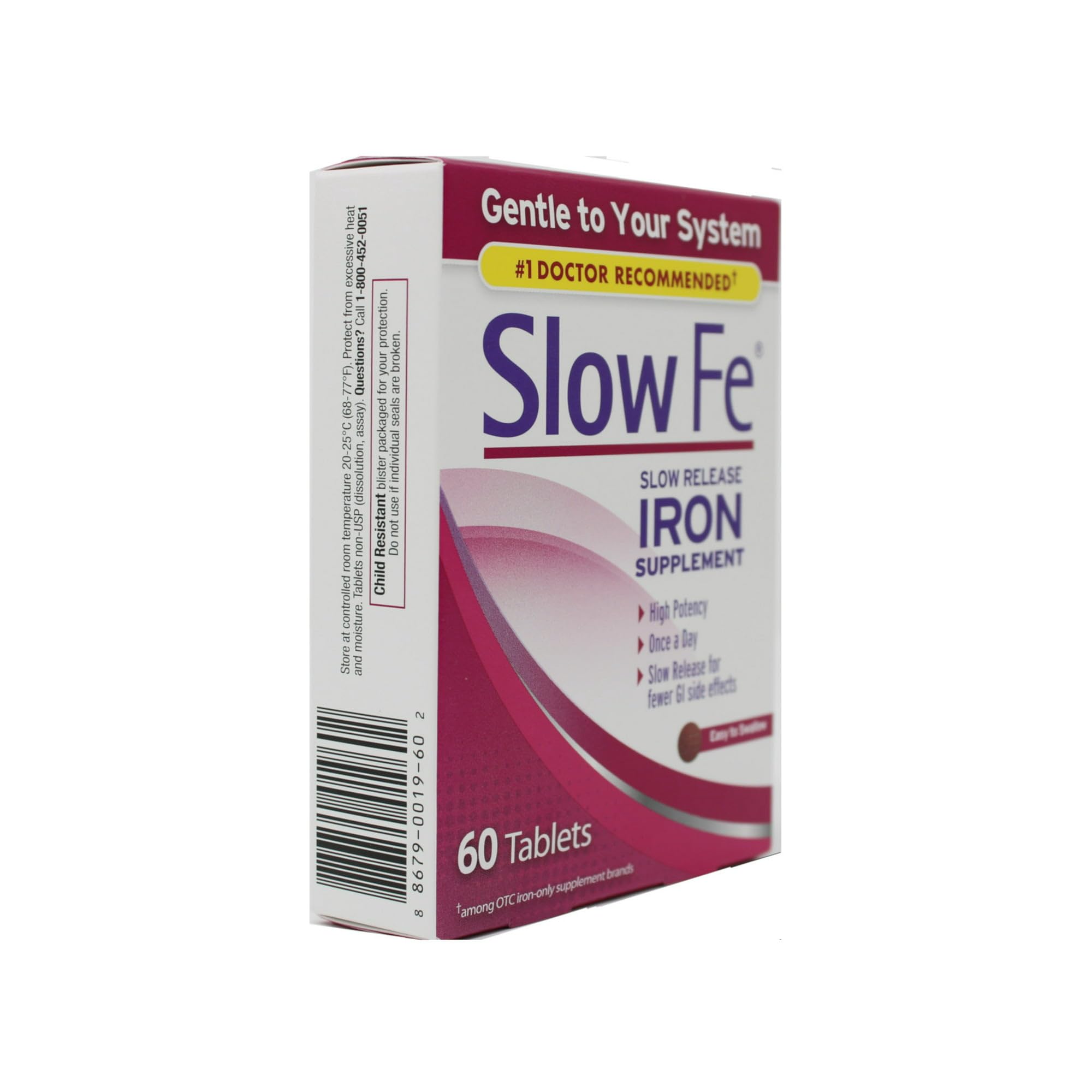 Close-up of Slow Fe high potency iron tablet showing its small size and gentle delivery.