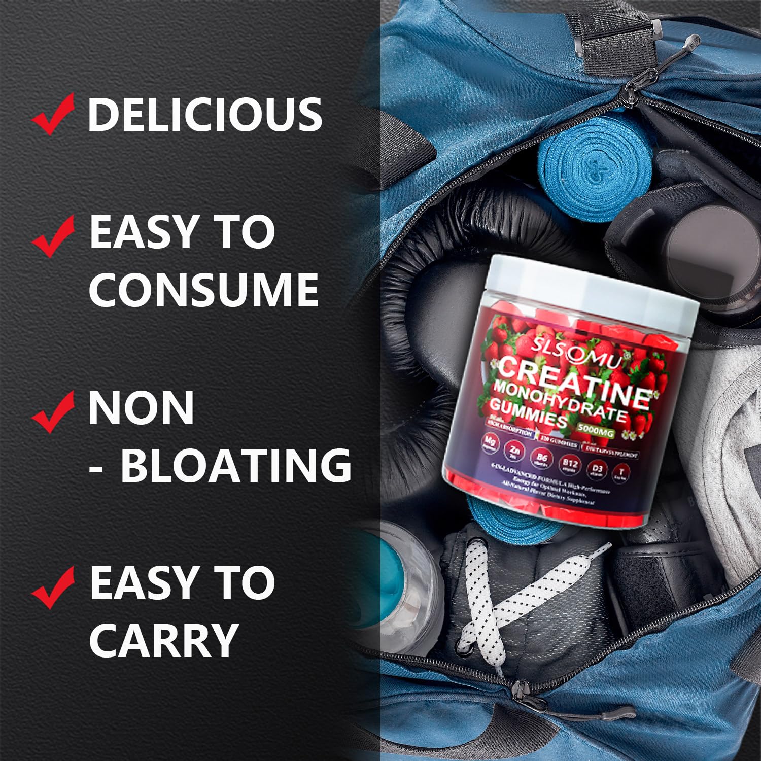 Slsomu Creatine Monohydrate Gummies nutrition panel highlights ingredients