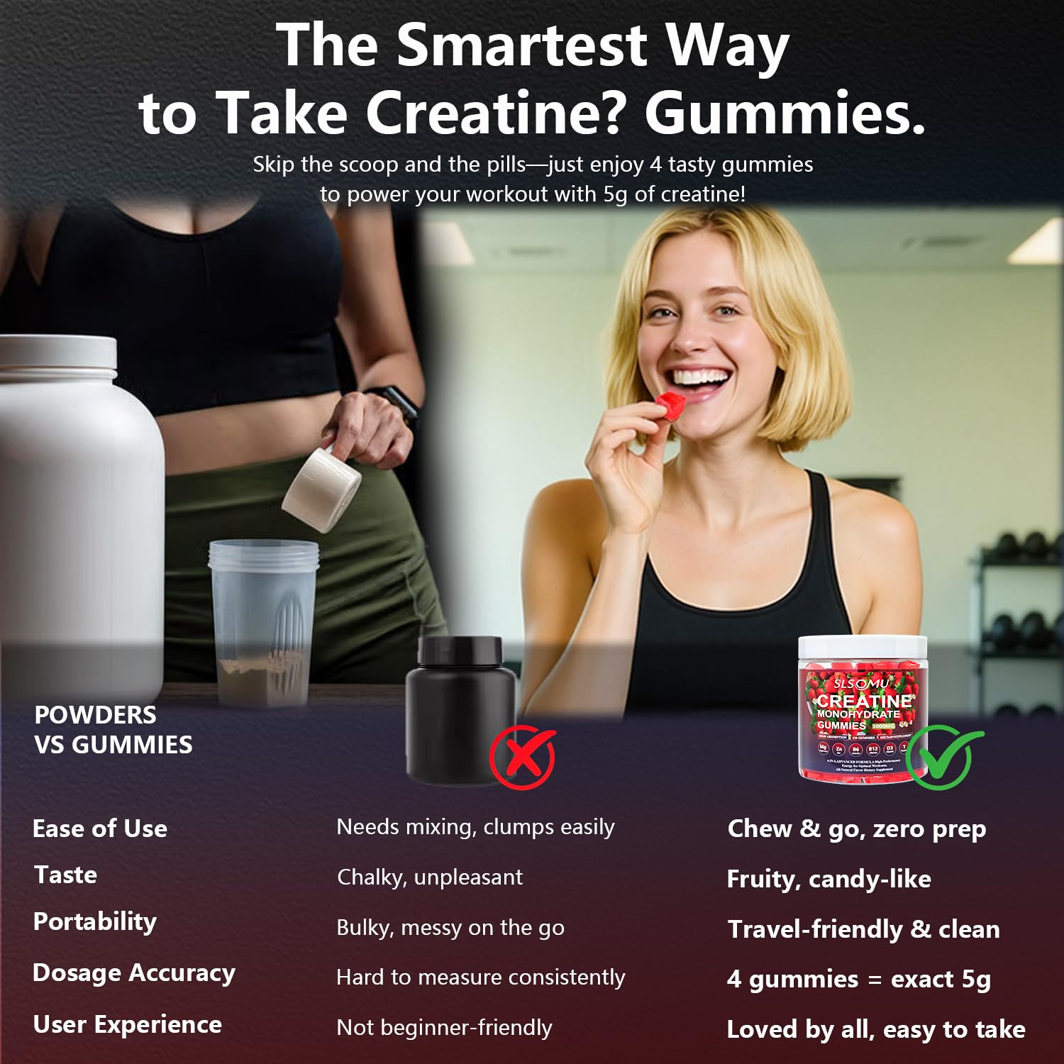 Slsomu Creatine Monohydrate Gummies vegan label indicating clean, plant-based formula