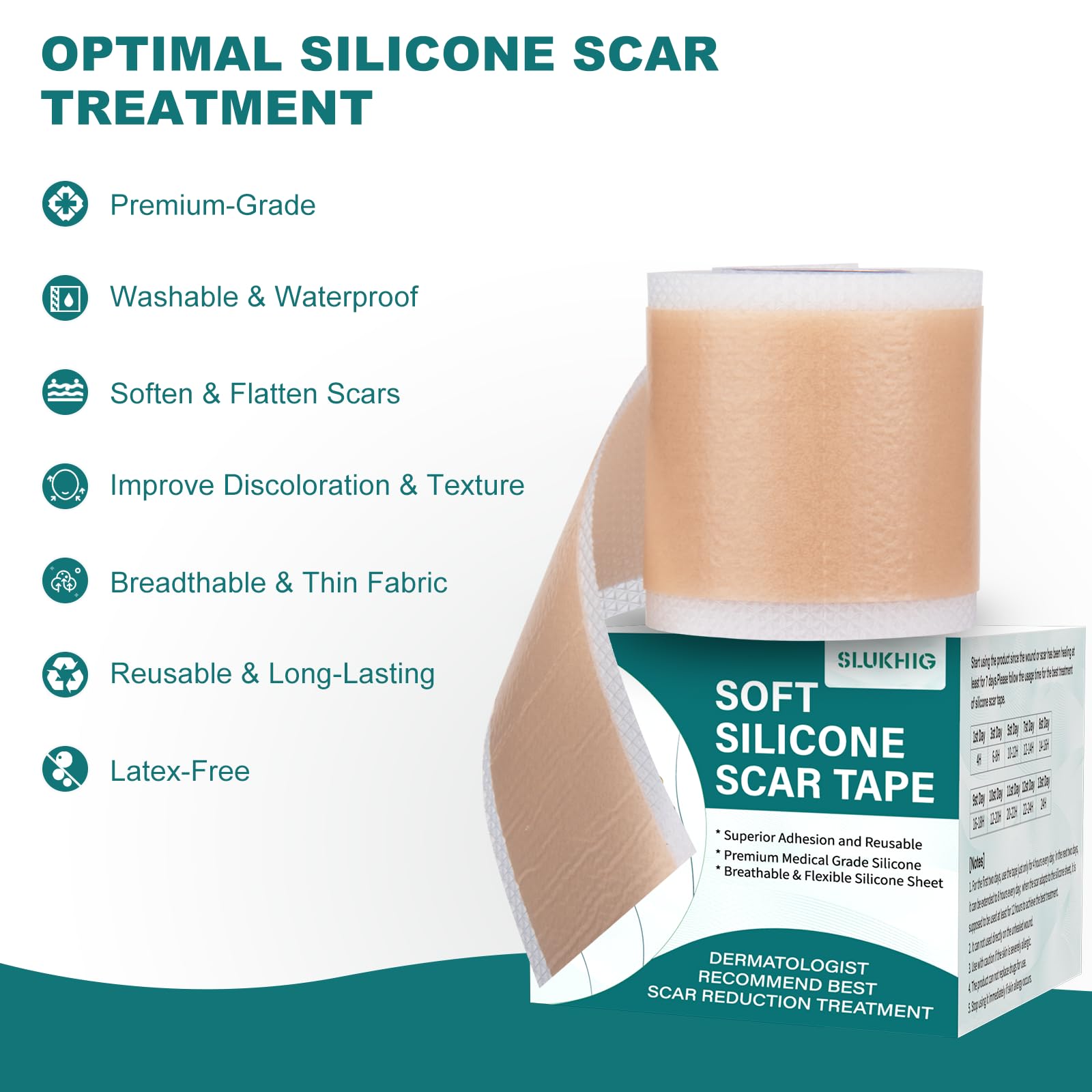 SLUKHIG reusable silicone scar strips offer long-lasting scar care between uses.