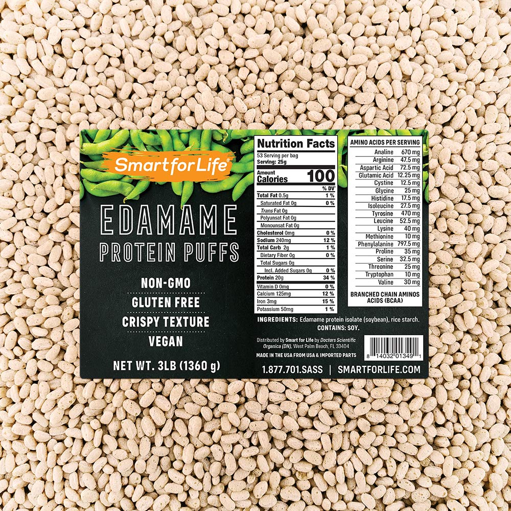 Smart for Life Soy Protein Puffs edamame bag, a high protein snack.