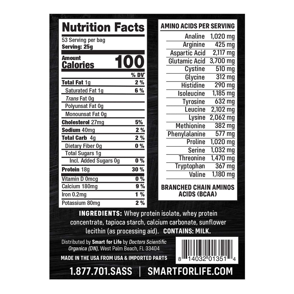 Smart for Life Whey Protein Puffs serving size and box with 53 servings