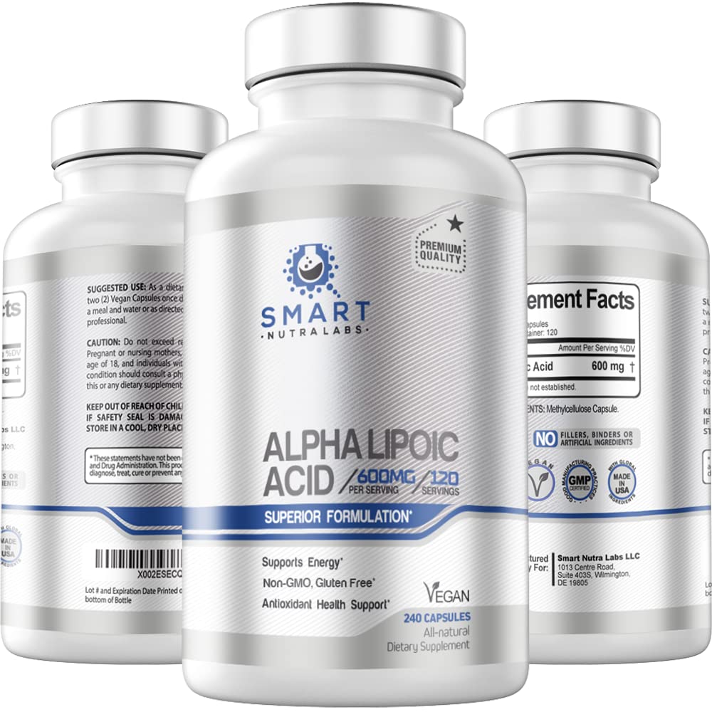 Smart Nutra Labs Alpha Lipoic Acid bottle front with 600 mg per serving for energy support