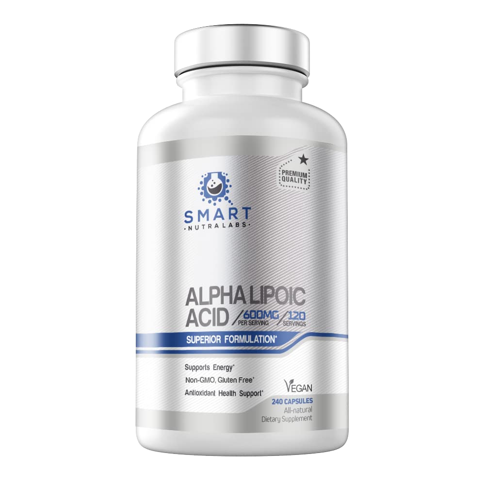 Close-up of Smart Nutra Labs Alpha Lipoic Acid capsules, vegan and easy to swallow
