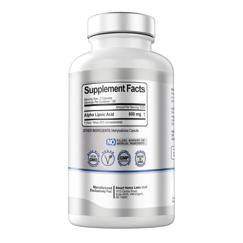 Label close-up of Smart Nutra Labs Alpha Lipoic Acid showing non-GMO, gluten-free formula
