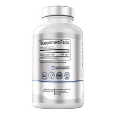 Label close-up of Smart Nutra Labs Alpha Lipoic Acid showing non-GMO, gluten-free formula
