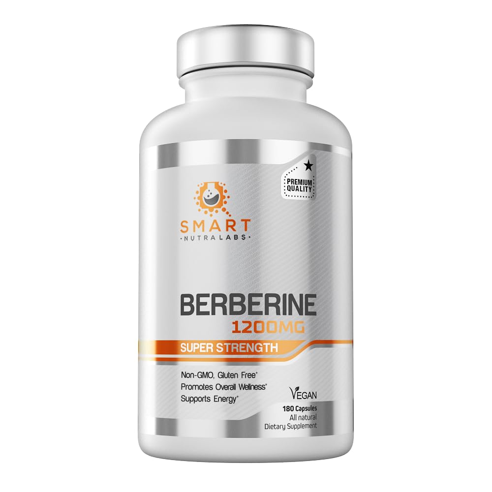 Smart Nutra Labs berberine bottle side view highlights vegan capsule design for daily supplementation