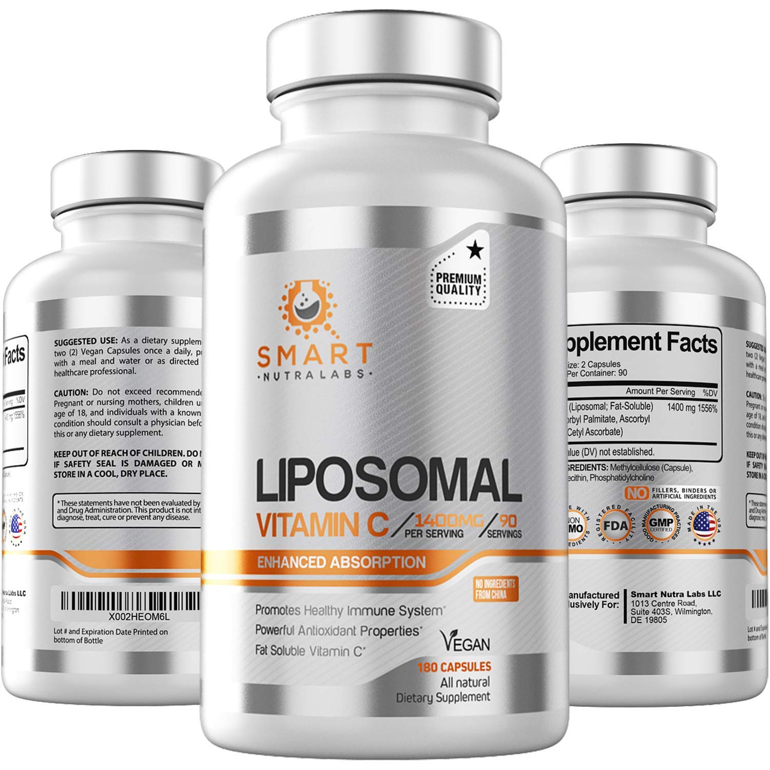Smart Nutra Labs liposomal vitamin C 1400mg bottle highlighting high absorption