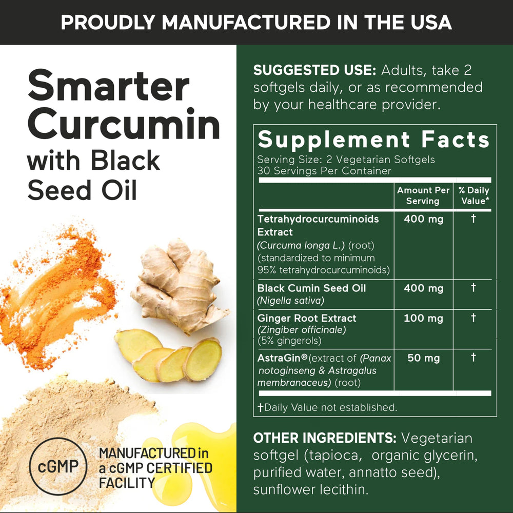 Smartenutrition Curcumin Softgels black seed oil graphic conveys antioxidant-rich blend.