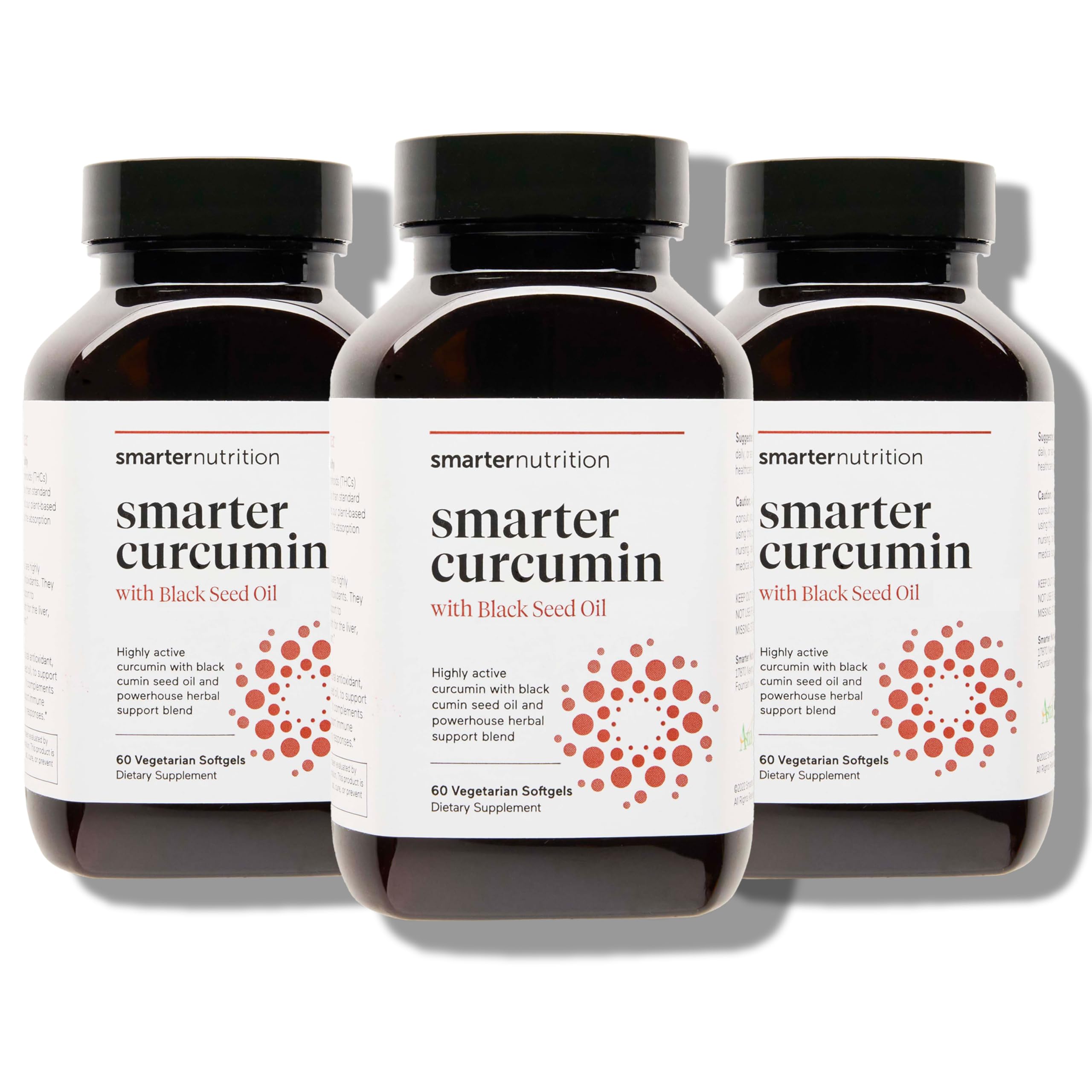 Smartenutrition Curcumin Softgels bottle front highlights vegan formula and high absorption potential.