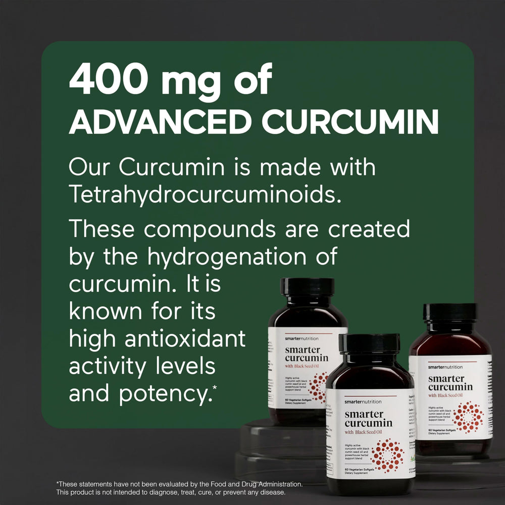 Smartenutrition Curcumin Softgels bottle label emphasizes AstraGin and third-party tested quality.
