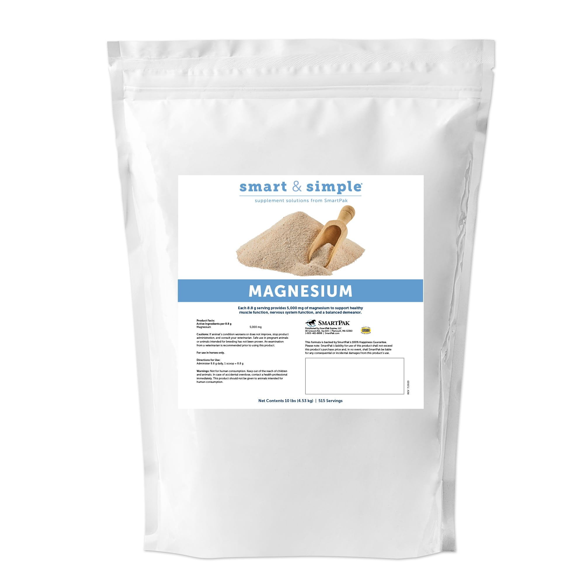 SmartEquine Smart & Simple magnesium bottle label highlights easy dosing