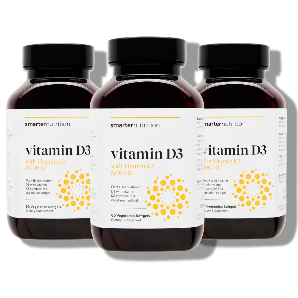 SMARTERNUTRITION vegan D3 5000 IU + K2 1100 mcg bottle for immune and bone support