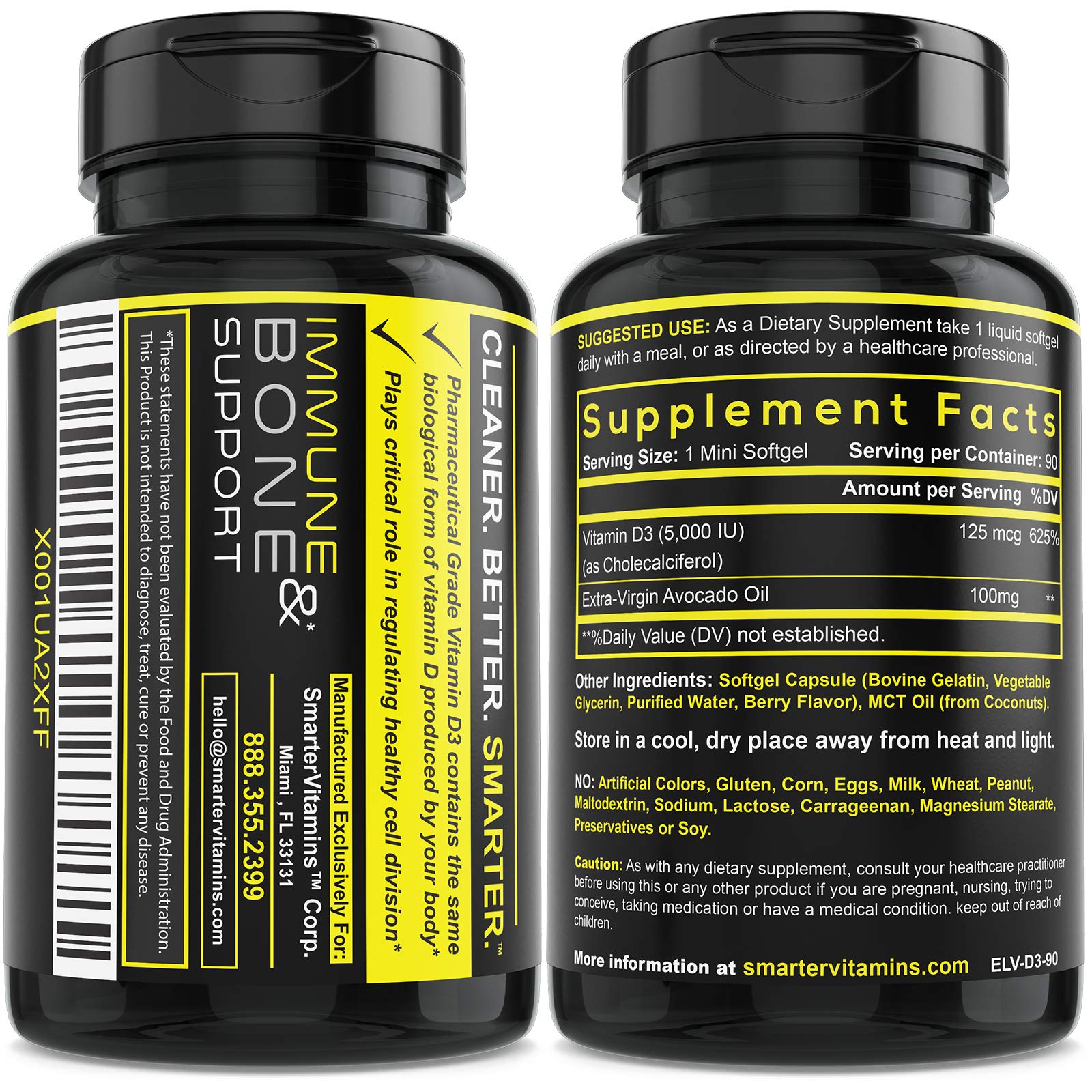 SmarterVitamins D3 avocado oil mini softgel on label for daily use.