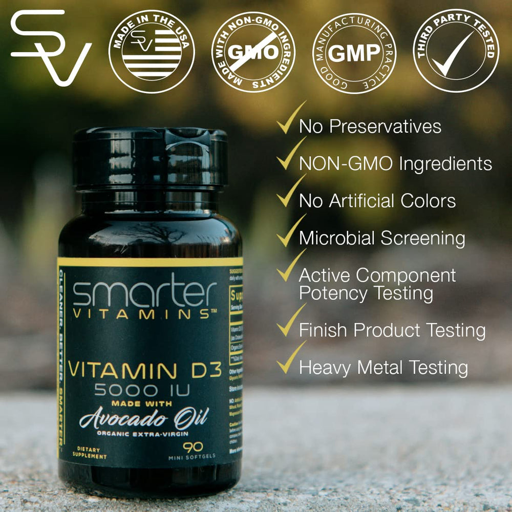 SmarterVitamins D3 bottle label highlights 5000 IU and avocado oil.