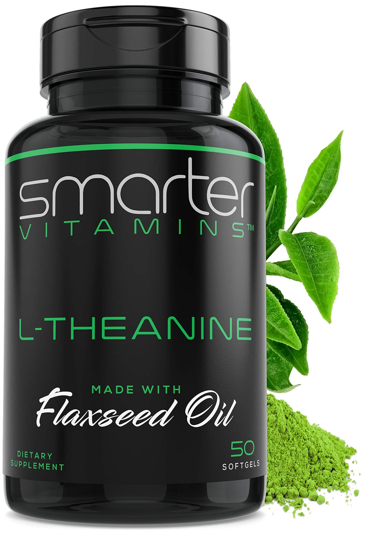 SmarterVitamins L-Theanine softgels bottle highlighting calm focus without drowsiness.