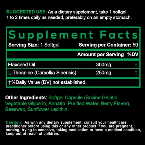 SmarterVitamins L-Theanine softgels closeup showing a clean, non-GMO formula.