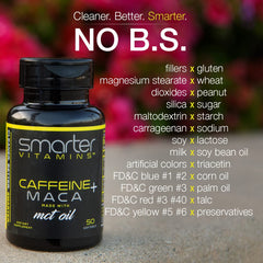 Smarter Energy Pills bottle label detail shows 200 mg caffeine and maca root blend.