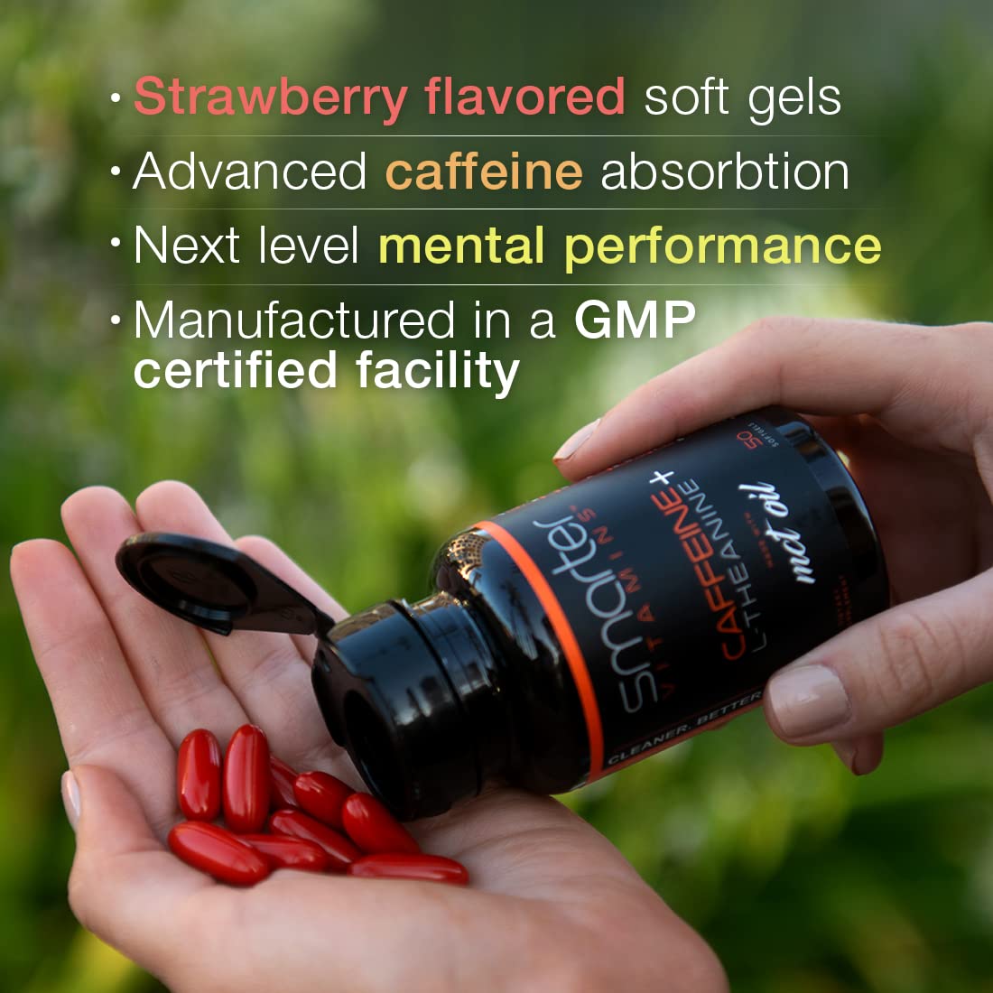 SmarterVitamins softgel capsules close-up showing smooth, easy-to-swallow design.