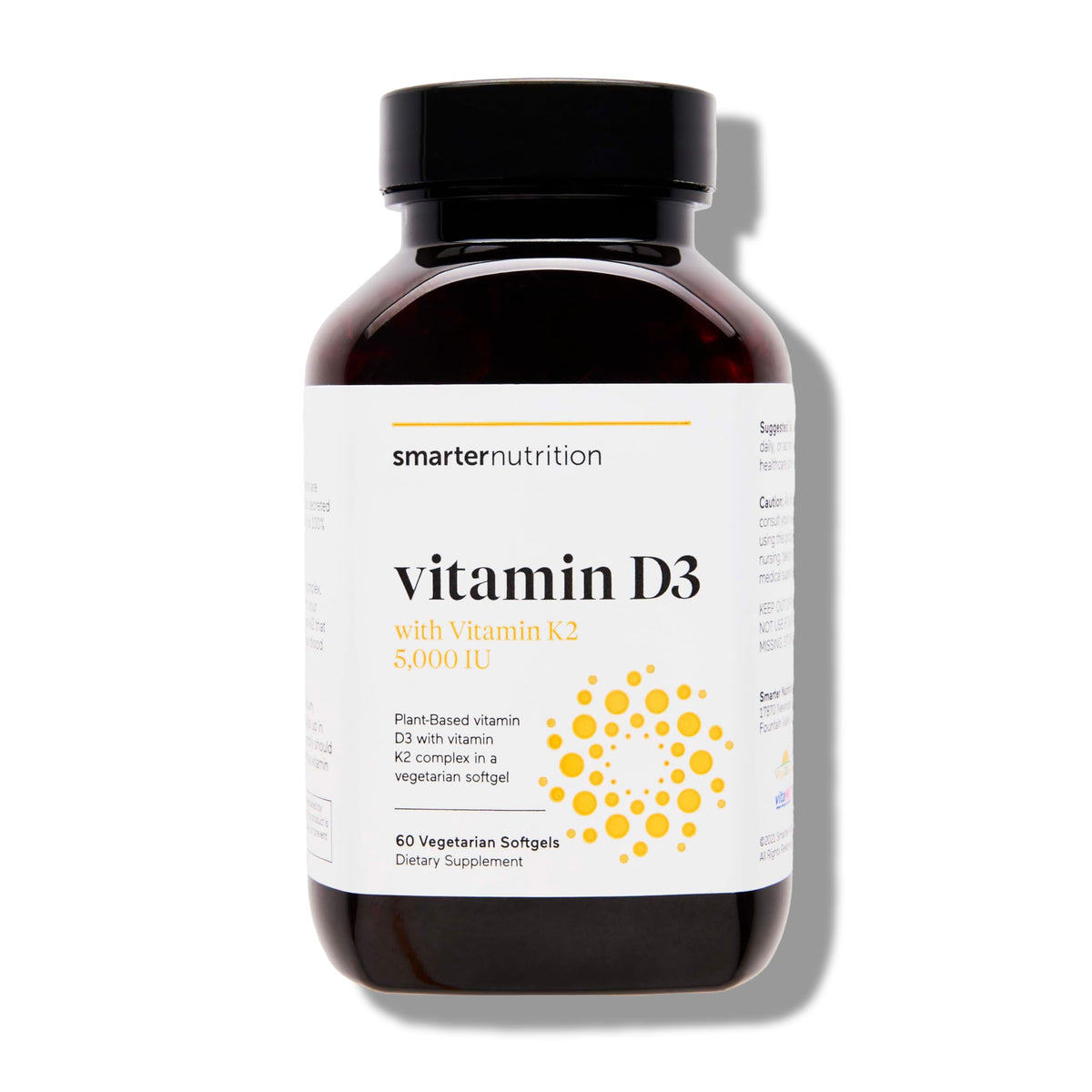 SMARTERNUTRITION vegan D3 K2 bottle front view for daily immune and bone support.