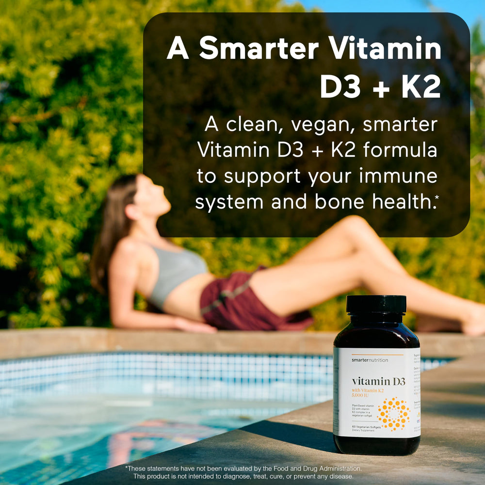 SMARTERNUTRITION vegan D3 K2 capsules visible inside the bottle for plant-based absorption.